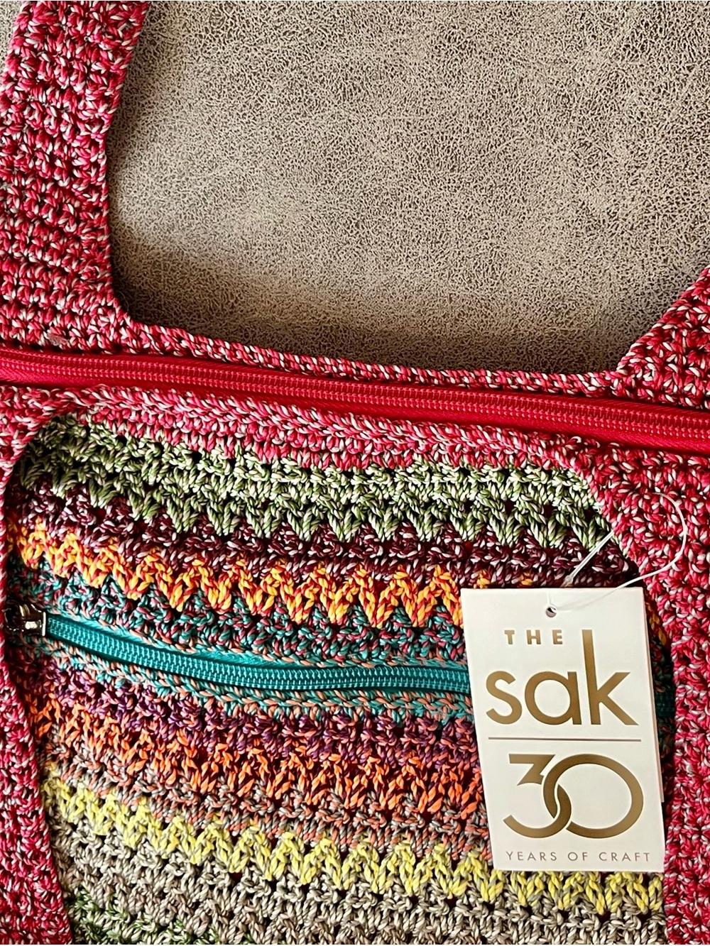 The Sak Gypsy Crocheted Vivid Multistripe Tote Charms Boho Hippie Festival NWT - Picture 8 of 14